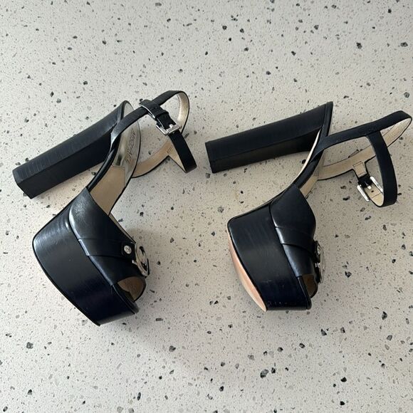 Michael Kors Racquel Platform Black Leather high Block Heels Open Toe Size 6.5M - Picture 11 of 16